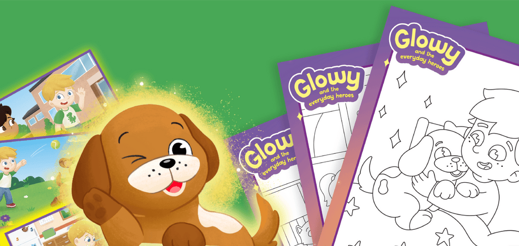 Glowy the Dog is winking and his colouring sheets are behind him
